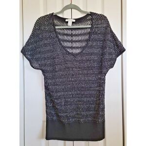 White House Black Market M Open Knit Sweater Sz Medium Black/Silver METALLIC‎